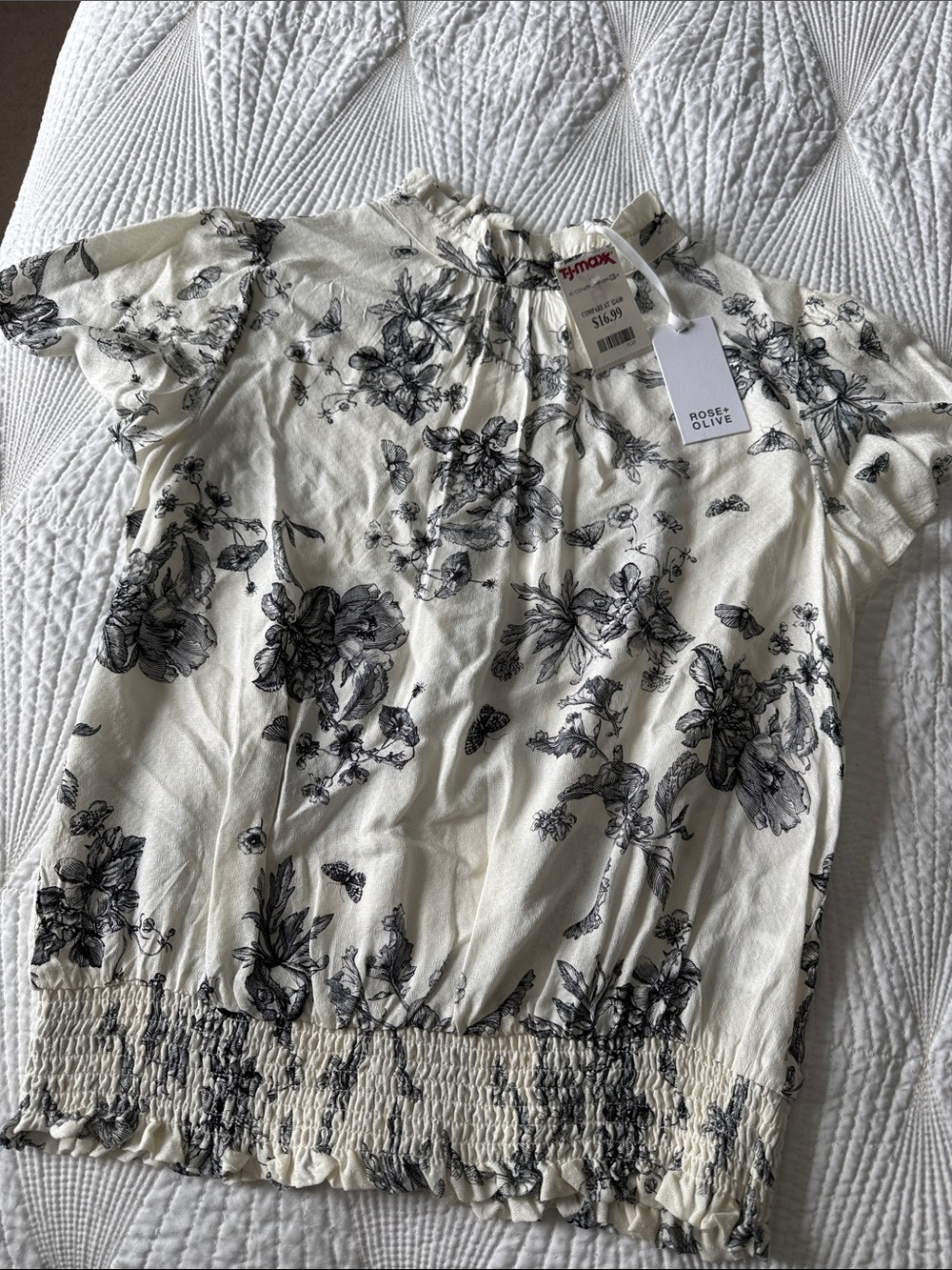 Rose & Olive Cream Top with Black Floral Sketch